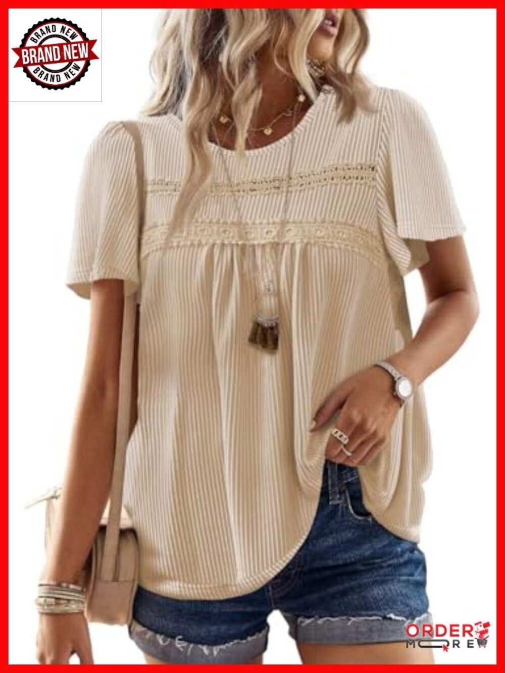 Women's Tunic - Short Sleeve Crewneck Summer Blouse - Flowy Boho Ribbed Shirt